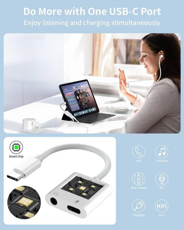 Alt view image 7 of 7 - 1 Pack USB C to 3.5mm Headphone and Charger Adapter 2 in 1 USB C to Aux Audio Jack with PD 60W Fast Charging Dongle Cable Cord for iPhone 17 Air/16/15 Plus Pro Max Galaxy/Note iPad Pro Pixel MacBook