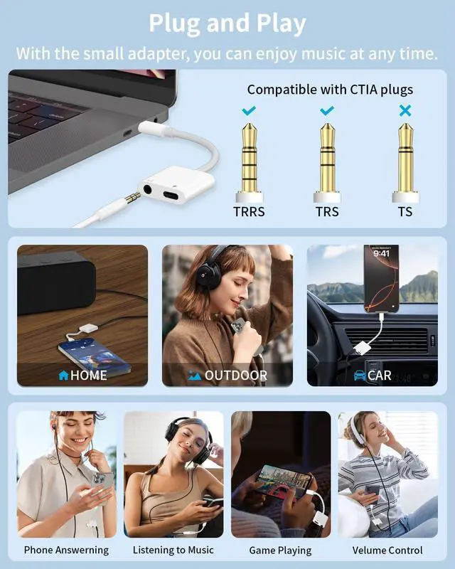 Alt view image 6 of 7 - 1 Pack USB C to 3.5mm Headphone and Charger Adapter 2 in 1 USB C to Aux Audio Jack with PD 60W Fast Charging Dongle Cable Cord for iPhone 17 Air/16/15 Plus Pro Max Galaxy/Note iPad Pro Pixel MacBook