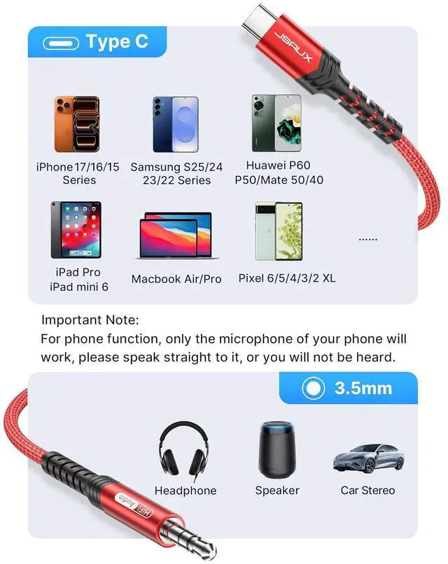 Alt view image 6 of 7 - USB C to 3.5mm Audio Aux Jack Cable for iPhone 17 Pro Max/Air [3.3ft] Type C to 3.5mm Headphone Car Stereo Cord Compatible with iPhone 16/15 Pro Max  Galaxy S25 S24 iPad Pro Pixel 9/8