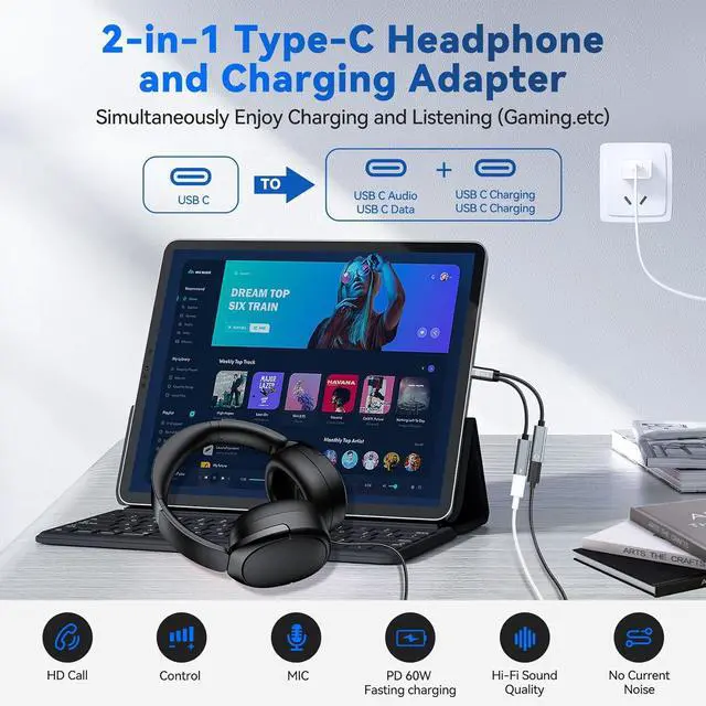 Alt view image 2 of 7 - USB C Splitter 1 in 2 Out Dual USB C Type Headphone and Charger Audio Adapter Type C Headphone Adapter and 60W PD Fast Charging Dongle Cable Compatible with Phone 16/15 Pro Max USB-USB 1Pack)
