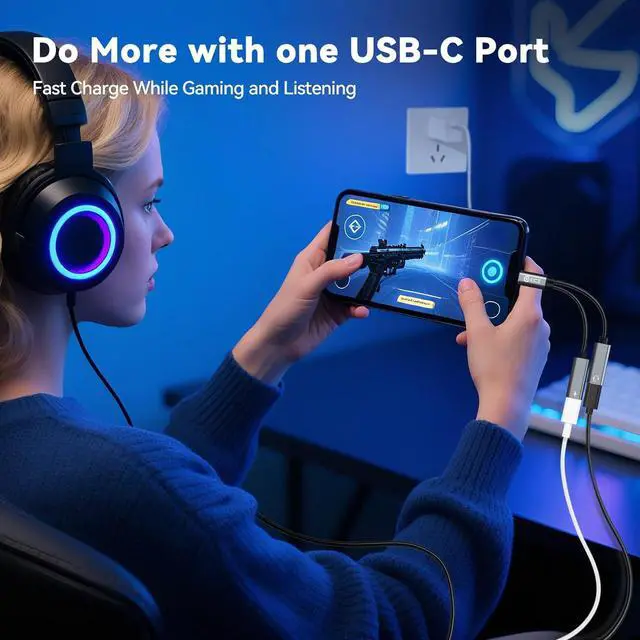Alt view image 6 of 7 - USB C Splitter 1 in 2 Out Dual USB C Type Headphone and Charger Audio Adapter Type C Headphone Adapter and 60W PD Fast Charging Dongle Cable Compatible with Phone 16/15 Pro Max USB-USB 1Pack)