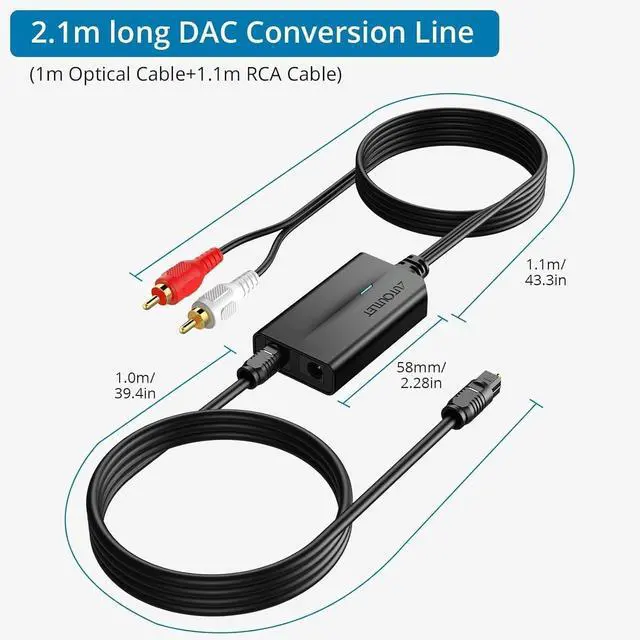 Alt view image 5 of 7 - 192kHz DAC Digital to Analog Audio Converter 7ft/2.1m Digital Audio Optical to RCA Male Cable for HDTV DVD Blu-Ray Players and Game Consoles