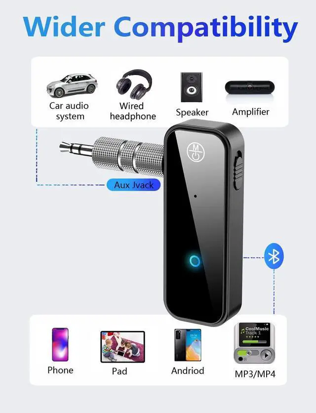 Alt view image 2 of 7 - Bluetooth 5.0 Adapter 3.5mm Jack Aux Dongle 2-in-1 Wireless Transmitter Receiver for Car TV Audio Headphones Speakers Projector