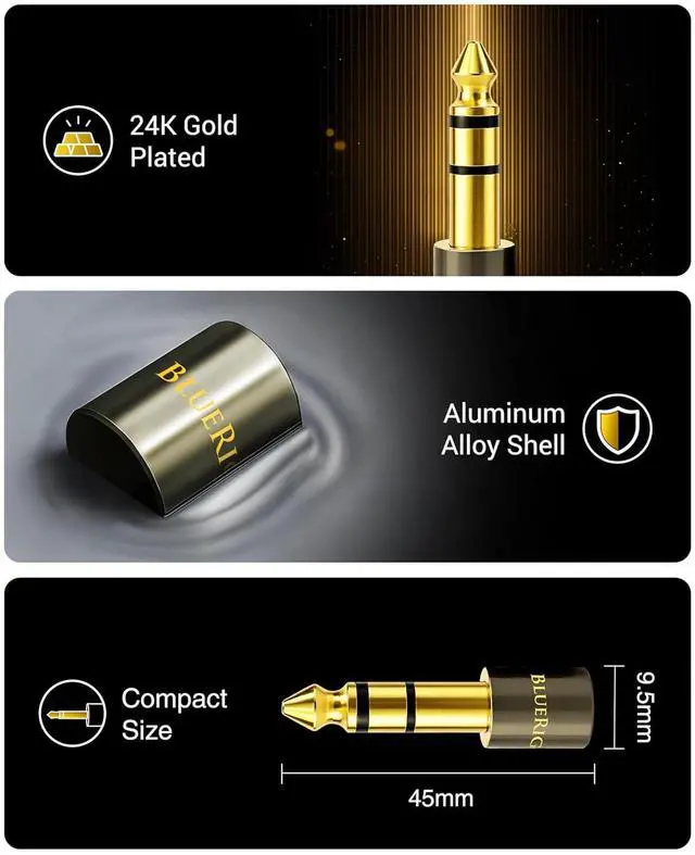 Alt view image 6 of 7 - 2-Pack 1/4 to 3.5mm adapter (TRS 1/4 to 1/8 AUX Audio Jack Converter Gold Plated Aluminum Shell 6.35mm Male to 3.5mm Female) Stereo Headphone Adapter for AUX Cable Guitar Amplifier Piano