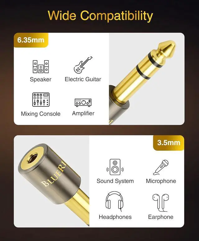 Alt view image 7 of 7 - 2-Pack 1/4 to 3.5mm adapter (TRS 1/4 to 1/8 AUX Audio Jack Converter Gold Plated Aluminum Shell 6.35mm Male to 3.5mm Female) Stereo Headphone Adapter for AUX Cable Guitar Amplifier Piano