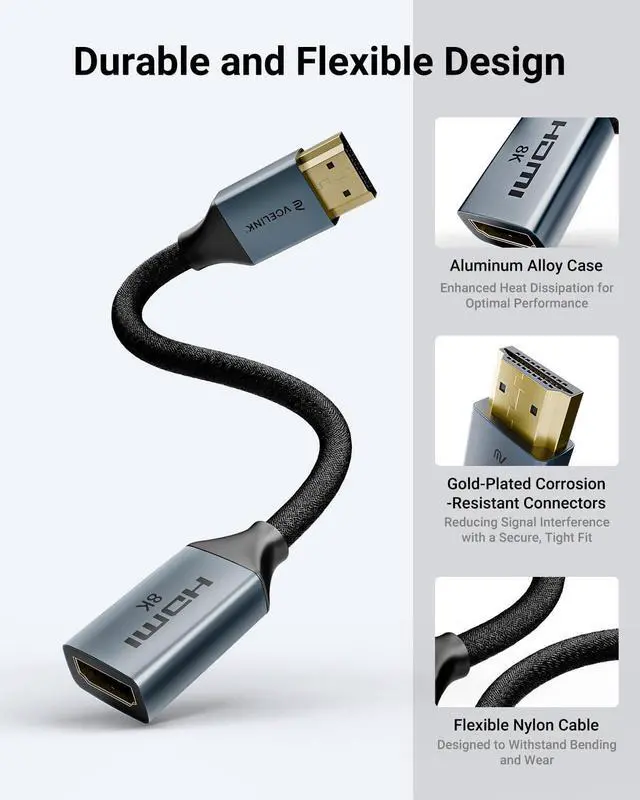 Alt view image 6 of 7 - 8K Short HDMI Extender Cable 0.6 FT Ideal for Tight Spaces HDMI Extension Male to Female Adapter Compatible with  TV Stick HDTV Game Console Laptop (1 Pack 0.6FT)