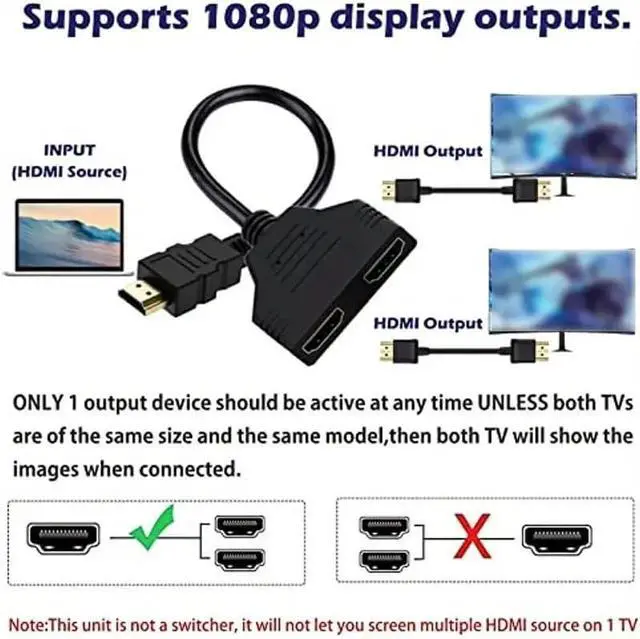 Alt view image 5 of 7 - HDMI Splitter Cables Male 1080P to Dual Female 1 to 2 Way HDMI Splitter Adapter Cable for HDTV HD LED LCD TV Mirror Only Support Two The Same Size TVs at The Same Time 30cm