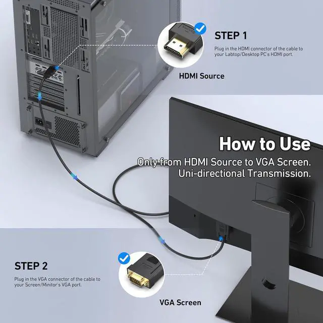 Alt view image 6 of 7 - HDMI to VGA 6 Feet Cable Uni-Directional HDMI Computer to VGA Monitor Cable (Male to Male) Compatible for Computer Desktop Laptop PC Monitor Projector HDTV  Xbox