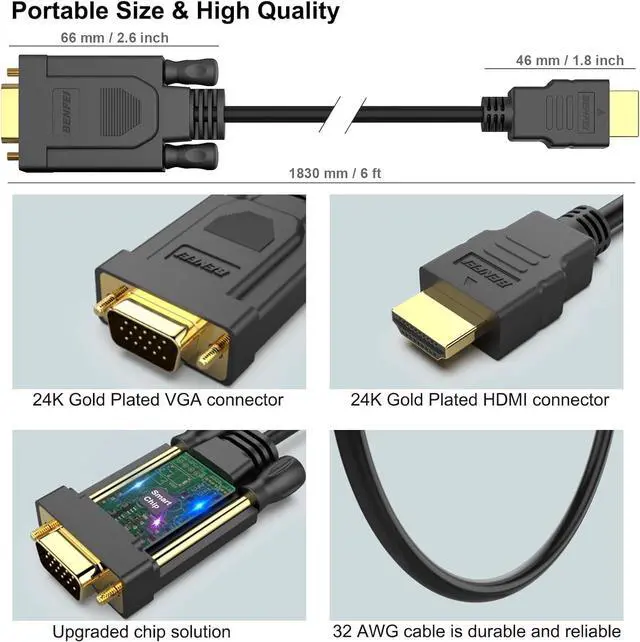 Alt view image 7 of 7 - HDMI to VGA 6 Feet Cable Uni-Directional HDMI Computer to VGA Monitor Cable (Male to Male) Compatible for Computer Desktop Laptop PC Monitor Projector HDTV  Xbox