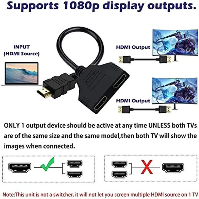 Alt view image 4 of 7 - HDMI Splitter Adapter Cable 1080P HDMI Splitter 1 in 2 Out HDMI Male to 2 HDMI Female 1 to 2 Way Splitter Cable for HDTV LCD Monitor and Projectors