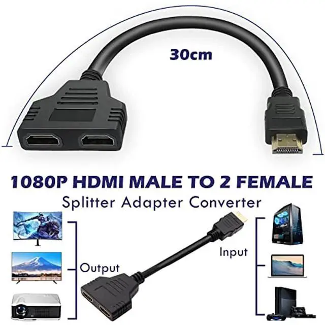 Alt view image 5 of 7 - HDMI Splitter Adapter Cable 1080P HDMI Splitter 1 in 2 Out HDMI Male to 2 HDMI Female 1 to 2 Way Splitter Cable for HDTV LCD Monitor and Projectors