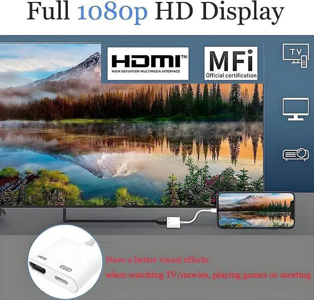 Alt view image 3 of 7 - [MFi Certified] Lightning to HDMI Adapter for iPhone Digital AV Adapter 1080P HD Video HDMI Sync Screen Connector Cable with Charging Port for iPhone 14 13 12 11 X 8 7 iPad on HDTV/Projector/Monitor