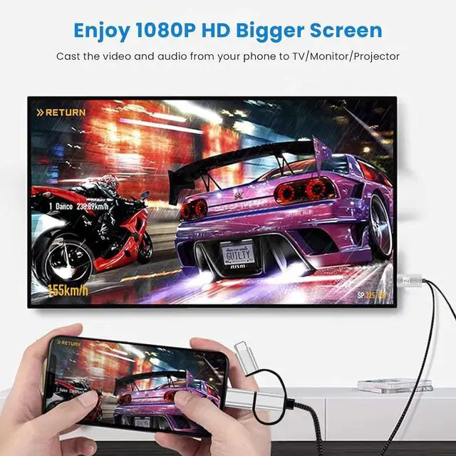 Alt view image 2 of 7 - HDMI Adapter for TV Phone to TV 3 in 1 Sync Screen MHL 2K Connector Cable 1080P Digital AV Adapter Compatible for Lighting USB C Micro USB to HDTV Projector Monitor