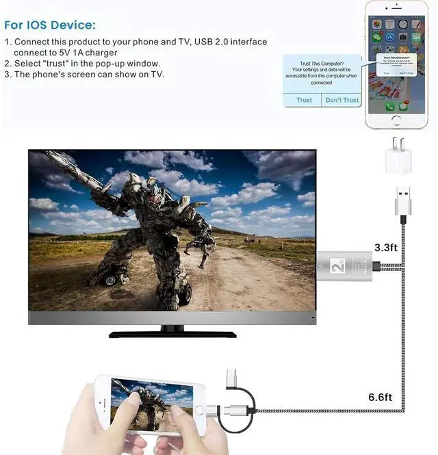 Alt view image 4 of 7 - HDMI Adapter for TV Phone to TV 3 in 1 Sync Screen MHL 2K Connector Cable 1080P Digital AV Adapter Compatible for Lighting USB C Micro USB to HDTV Projector Monitor