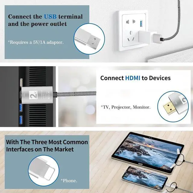 Alt view image 5 of 7 - HDMI Adapter for TV Phone to TV 3 in 1 Sync Screen MHL 2K Connector Cable 1080P Digital AV Adapter Compatible for Lighting USB C Micro USB to HDTV Projector Monitor