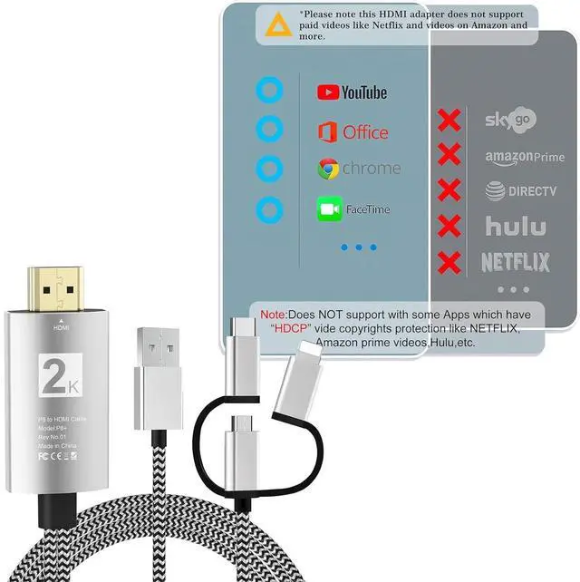 Alt view image 6 of 7 - HDMI Adapter for TV Phone to TV 3 in 1 Sync Screen MHL 2K Connector Cable 1080P Digital AV Adapter Compatible for Lighting USB C Micro USB to HDTV Projector Monitor