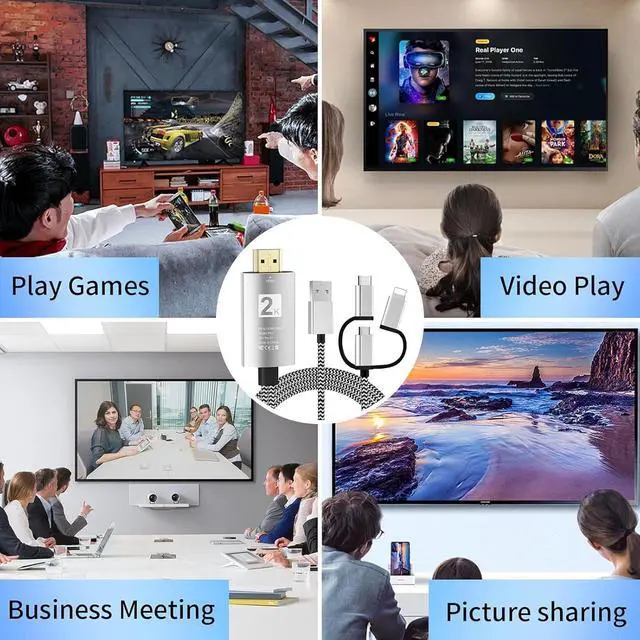 Alt view image 7 of 7 - HDMI Adapter for TV Phone to TV 3 in 1 Sync Screen MHL 2K Connector Cable 1080P Digital AV Adapter Compatible for Lighting USB C Micro USB to HDTV Projector Monitor