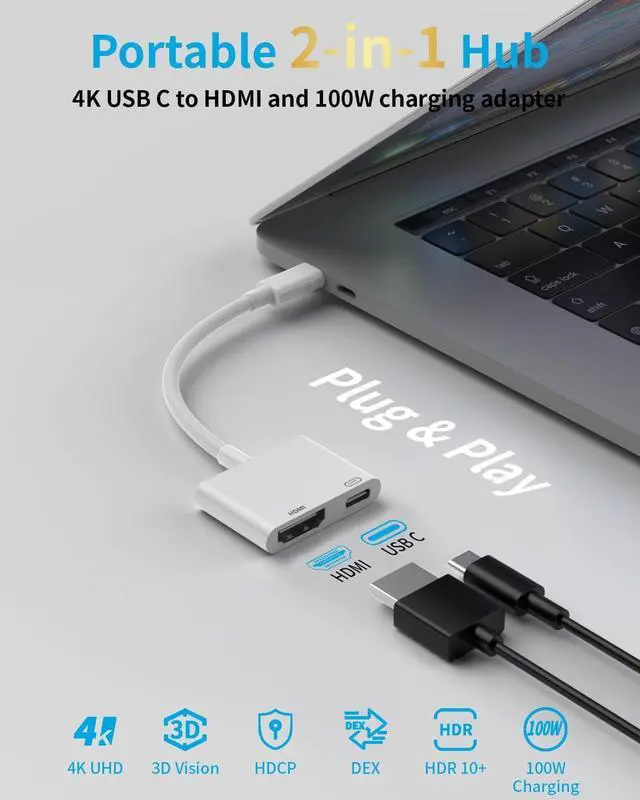 Alt view image 2 of 7 - USB-C to HDMI Adapter for iPhone 17 16 15 MacBook iPad 4K@60Hz Type C to HDMI Adapter with 100W PD Multiport Digital AV Converter for Galaxy Pixel Tablets Switch Laptop to HDTV Projector Monitor
