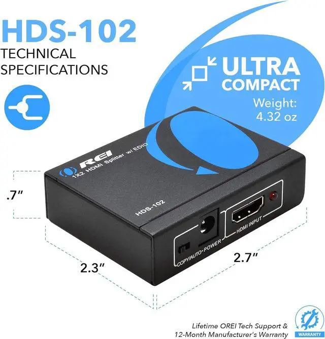 Alt view image 6 of 7 - HDMI Splitter 1 in 2 out - Ultra HD 4K @ 30Hz HDCP 3D & Full HD 1080P Support for Xbox PS4 Blu-ray HDTV - Adapter Included