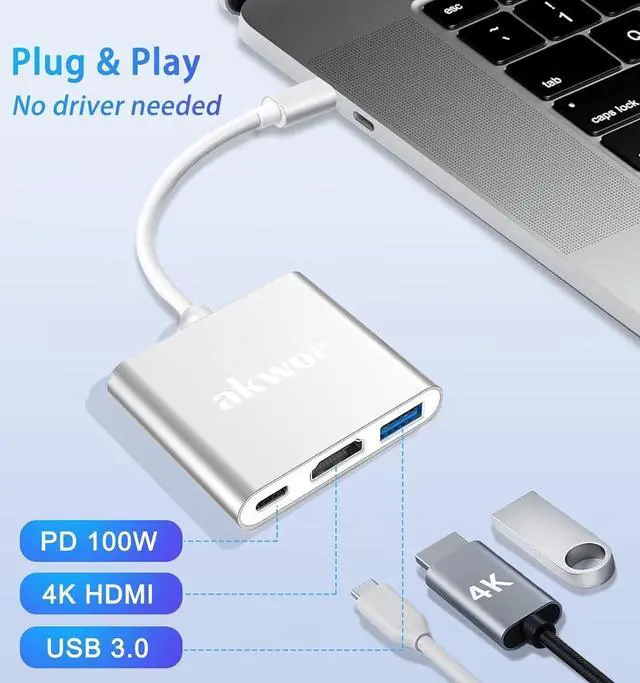Alt view image 2 of 7 - 3 in 1 USB C to HDMI Adapter Multiport 4K Digital AV Adapter USB C Hub with USB 3.0 OTG PD 100W Compatible for Thunderbort 4/3 MacBook iPad Air/Pro to HDTV Projector Monitor