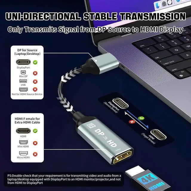 Alt view image 3 of 7 - 4K Display Port to HDMI Adapter Uni-Directional Display Port Computer to HDMI Plug & Play Converter with Audio & Video Sync for HDTV/Monitor/Projector/PC Durable Gold-Plated Connectors