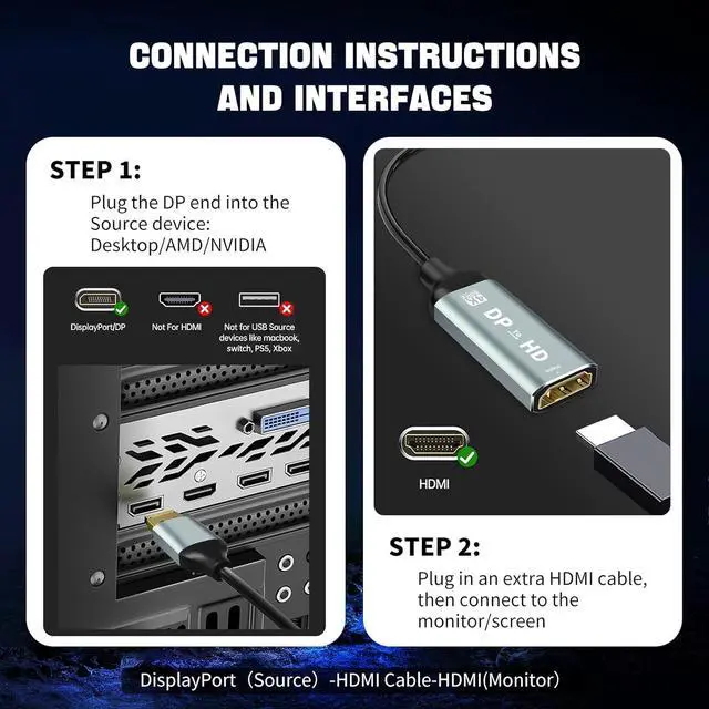 Alt view image 4 of 7 - 4K Display Port to HDMI Adapter Uni-Directional Display Port Computer to HDMI Plug & Play Converter with Audio & Video Sync for HDTV/Monitor/Projector/PC Durable Gold-Plated Connectors