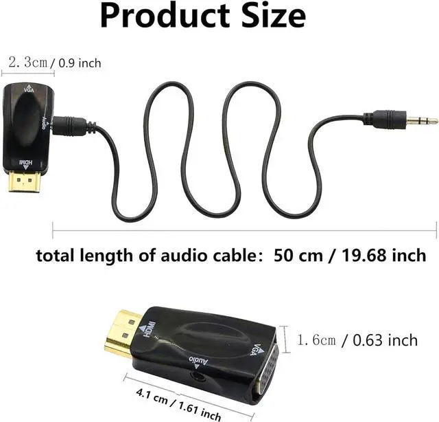 Alt view image 7 of 7 - HDMI to VGA Adapter Converter with 3.5mm Audio Jack Cable 50cm VGA Female to HDMI Male Gold Plated Connector for HDTV PC Desktop Monitor Laptop Projector