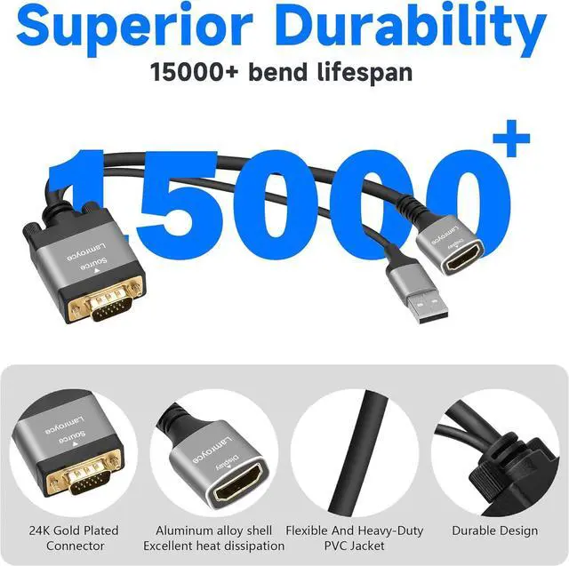 Alt view image 2 of 5 - Active VGA to HDMI Adapter with USB Powered 1080P VGA Male (Source) to HDMI Female (Display) Cable Converter Connector Compatible with PC Computer Desktop Laptop Monitor HDTV Projector-0.6 Feet