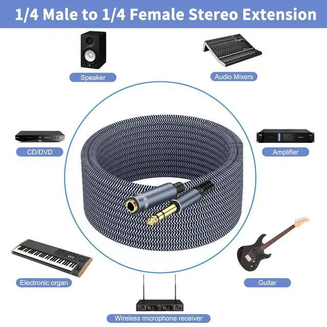 Alt view image 4 of 7 - 1/4 inch Extension Cable 10ft 1/4 Male to Female Stereo Headphone Guitar Cable