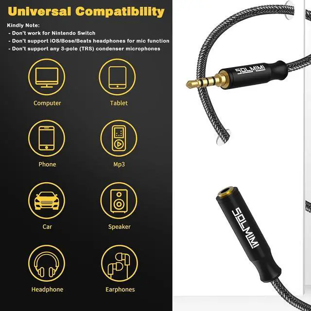 Alt view image 7 of 7 - 3.5 mm Headphone Extension Cable TRRS 4-Pole Male to Female Headset Audio Extension Cable AUX Cord for Phones Gaming headsets TV Laptop PC Car Audio Speakers MP3(7 Feet)