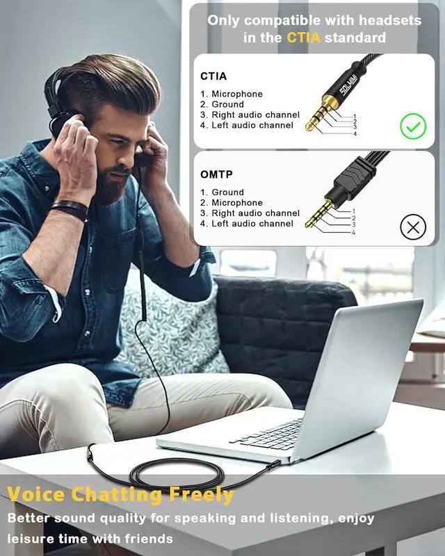 Alt view image 4 of 6 - Headphone Extension Cable 4 Pole 3.5mm TRRS Male to Female Lossless Stereo Audio Cable Extension (4 ft/ 1.2 m) Nylon Braid Aux Cord Extension for Headset or Audio Devices Matte Black