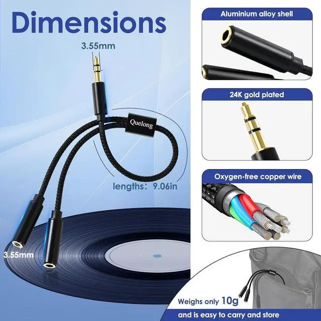 Alt view image 4 of 7 - Headphone Splitter Dual Headphone Nylon Braided Extension Cable Hi-Fi Audios Stereo Y Splitter 3.5mm 2 Female 1 Male Suitable for Phones PS4 Amplifiers Smartphones Tablets and More.