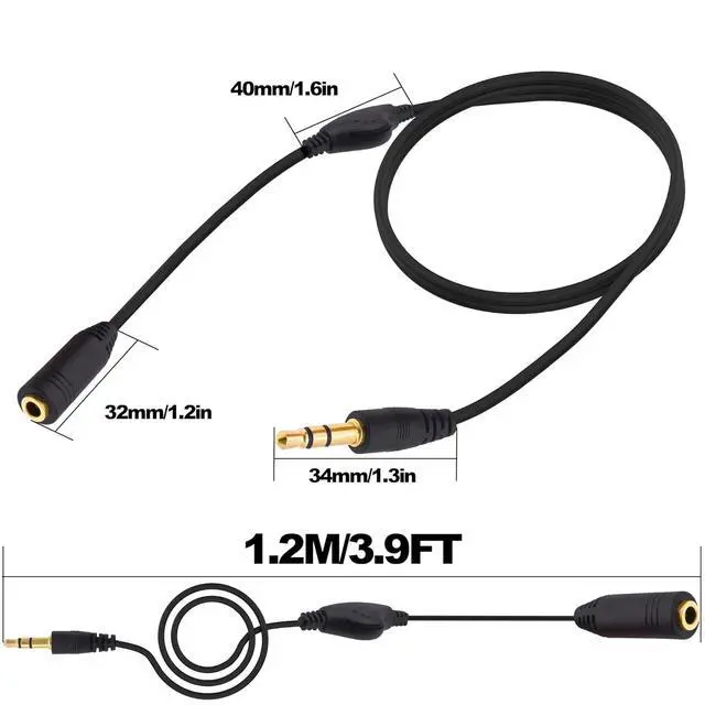 Alt view image 4 of 7 - 3.5mm Headphone Extension Cable with Volume Control Adjustment 3.5mm Male to Female TRS Stereo Audio Extension Cord Wire for Headset Smartphones Tablets-1.2M/3.9FT-2Pcs