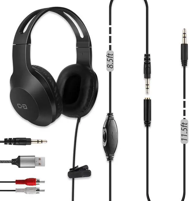 Main image of 20Ft Extra Long Cord Headphones for TV & PC with Volume Control Wired TV Headset with Extension Cable 3.5mm Aux Jack with USB & RCA Adapters for More TVs Senior Friendly