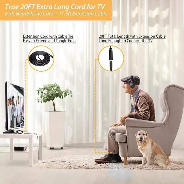 Alt view image 3 of 7 - 20Ft Extra Long Cord Headphones for TV & PC with Volume Control Wired TV Headset with Extension Cable 3.5mm Aux Jack with USB & RCA Adapters for More TVs Senior Friendly