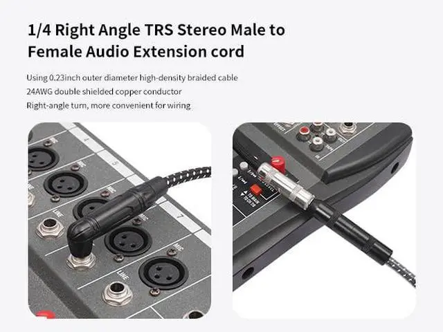 Alt view image 6 of 7 - 6Feet Right Angle 1/4 TRS Male to Female Stereo Audio Cable 6.35mm TRS Male to Female Stereo Headphone Guitar Extension Cable Cord-1 Pack