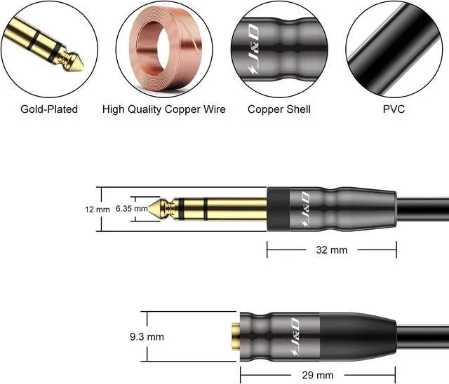 Alt view image 2 of 7 - 1/4 inch to 3.5mm Headphone Adapter Heavy Duty Copper Shell Connecter Joint 3.5mm 1/8 inch Female TRS to 6.35mm Male TRS Stereo Audio Extension Cable 3 Feet