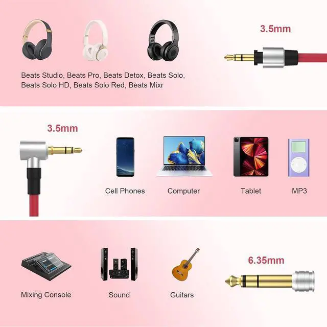 Alt view image 2 of 7 - Replacement Audio Aux Auxiliary Extension Cable Compatible with Beats by Dr Dre Solo Studio Pro Detox Edition Headphones (Red)