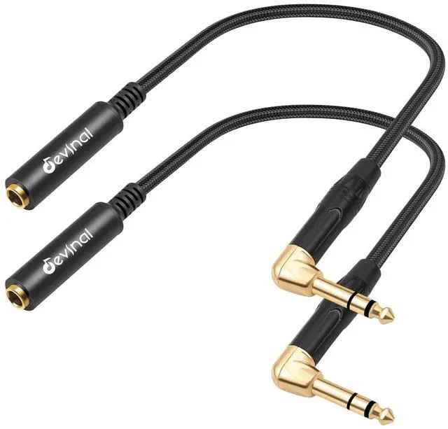 Main image of Right Angle 1/4 Inch TRS Male to 1/4 Inch TRS Female Cable 6.35mm Stereo Headphone Guitar Extension Cord Adapter 1 FT 2 pcs
