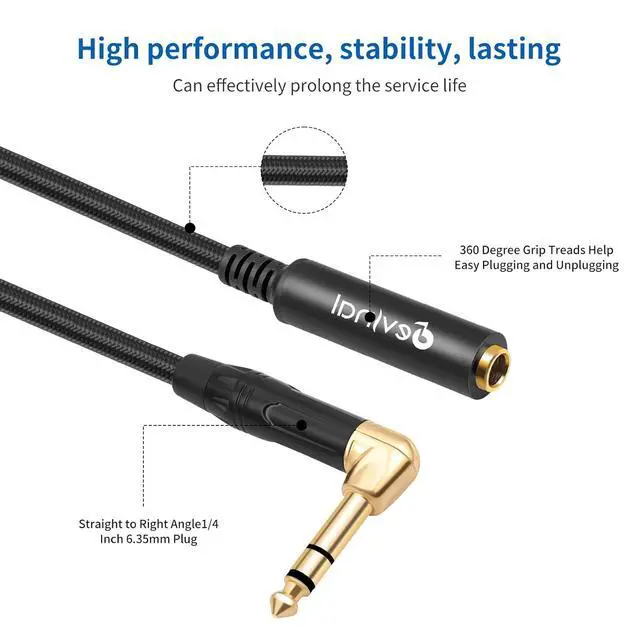 Alt view image 2 of 7 - Right Angle 1/4 Inch TRS Male to 1/4 Inch TRS Female Cable 6.35mm Stereo Headphone Guitar Extension Cord Adapter 1 FT 2 pcs