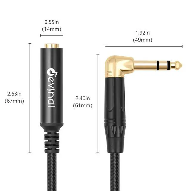 Alt view image 3 of 7 - Right Angle 1/4 Inch TRS Male to 1/4 Inch TRS Female Cable 6.35mm Stereo Headphone Guitar Extension Cord Adapter 1 FT 2 pcs