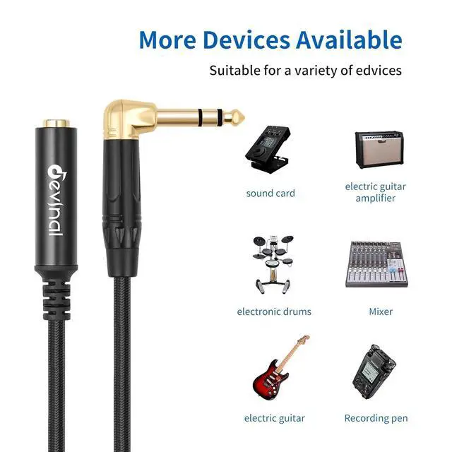 Alt view image 4 of 7 - Right Angle 1/4 Inch TRS Male to 1/4 Inch TRS Female Cable 6.35mm Stereo Headphone Guitar Extension Cord Adapter 1 FT 2 pcs