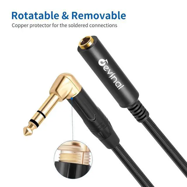 Alt view image 5 of 7 - Right Angle 1/4 Inch TRS Male to 1/4 Inch TRS Female Cable 6.35mm Stereo Headphone Guitar Extension Cord Adapter 1 FT 2 pcs