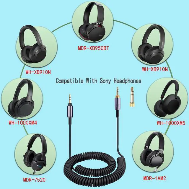 Alt view image 2 of 7 - WH-1000XM4 Coiled Audio Cable Replacement for Sony WH-1000XM5 MDR-950BT WH-XB910N Audio-Technica ATH-M50xBT2 Headphones 3.5mm(1/8) Extension Wire with 6.35mm(1/4) Adapter 14ft