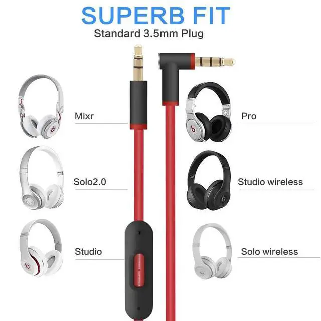 Alt view image 5 of 6 - 3.5mm Replacement Audio Cable for Beats Headphones - Compatible with Solo Pro/Studio/Executive/Mixr Detox & Pill - in-Line Mic & Volume Control (Black/Red)