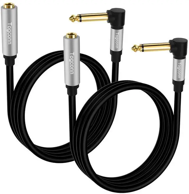 Main image of 2 Feet Right Angle 1/4 inch TS Extension Cable 2-Pack 6.35mm 1/4 TS Male to Female Mono Adapter JackQuarter inch Headphone Guitar Extension Cable Hi-Fi Sound Gold Plated Connectors