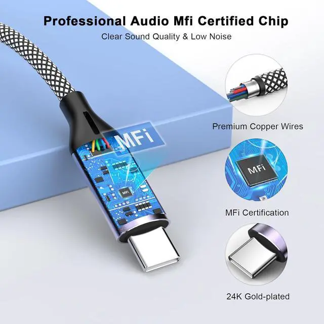 Alt view image 3 of 7 - 2 Pack Aux Cord for iPhone 15 3.3ft [MFi Certified] USB C to 3.5 mm Nylon Braided AUX Audio Cable for iPhone 15/15 Plus/15 Pro/15 Pro Max iPad Pro/Air/Mini to Home Car Stereo Headphone Speaker