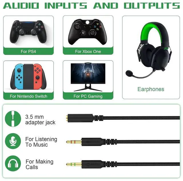 Alt view image 3 of 7 - Replacement Audio Cable Cord Wire with Y Splitter for  Kraken X/BlackShark V2 Pro/ Nari Headphone Gaming Headset Adapter to PC/Speaker/Headphone