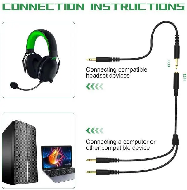 Alt view image 6 of 7 - Replacement Audio Cable Cord Wire with Y Splitter for  Kraken X/BlackShark V2 Pro/ Nari Headphone Gaming Headset Adapter to PC/Speaker/Headphone