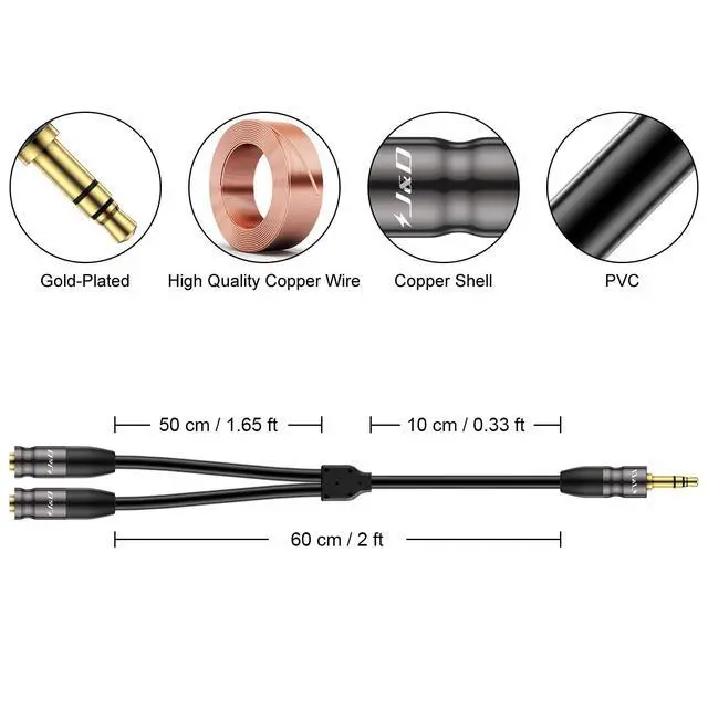 Alt view image 2 of 7 - Headphone Splitter 3.5 mm Audio Stereo Y Splitter Cable 1/8 inch TRS Male to Dual 1/8 inch TRS Female Headphone Jack Adapter Aux Extension Cable for Phone/PS4/Switch/Tablet 2 feet